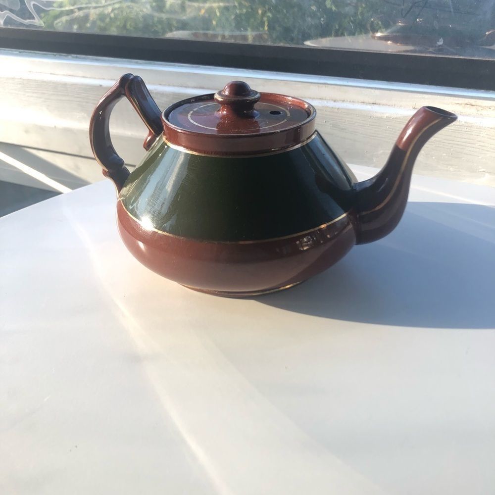 Vintage brown and green tea pot with hand painted gold accents, numbered